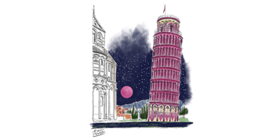 acquerello della Torre di Pisa illuminata di rosa