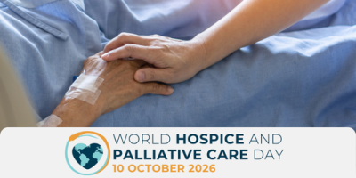 apre il dettaglio dell'articolo:mano di un malato e mano di una persona che accudisce. In basso logo giornata mondiale cure palliative 2026